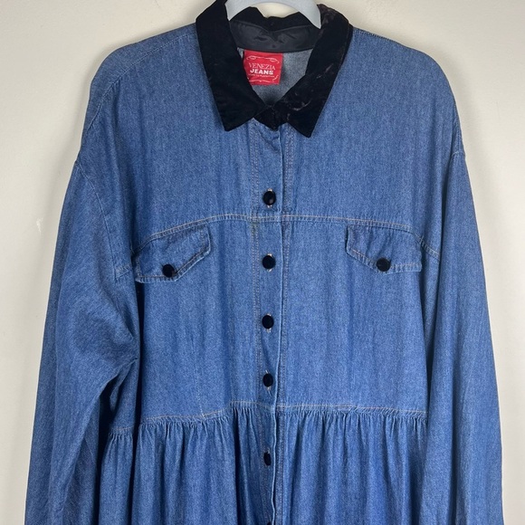 Venezia 80s 90s Vintage Prairie Midi / Maxi Denim Dress Velvet Collar | XL / 2XL - Picture 3 of 7